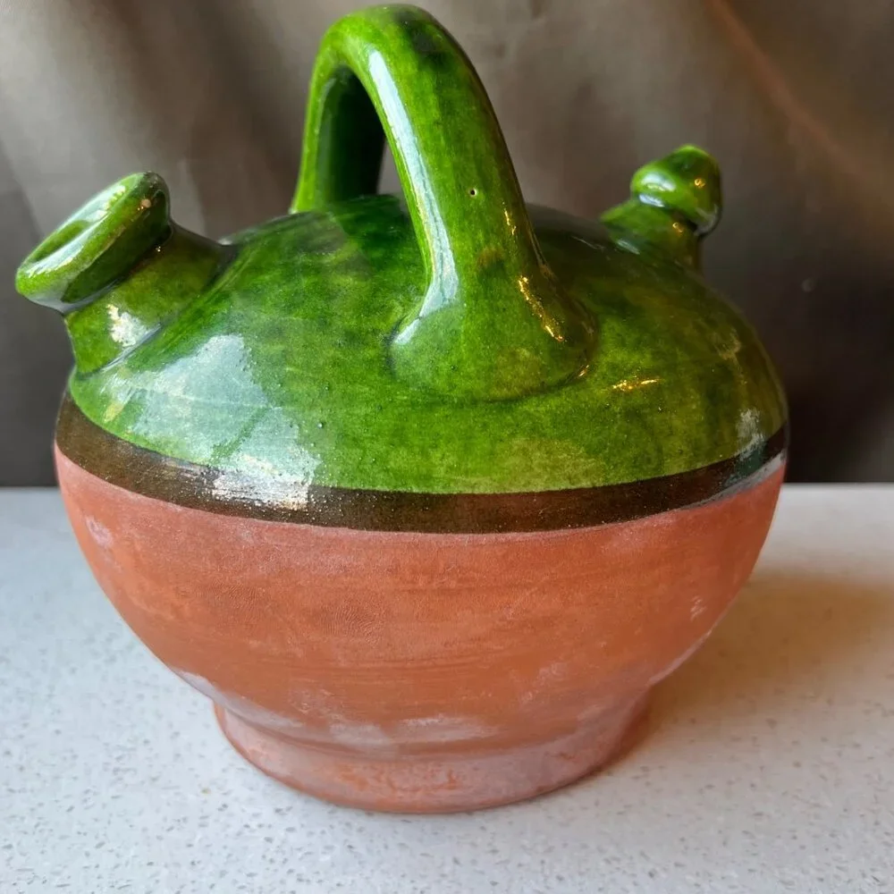 Handcrafted Green Glazed & Terracotta Clay French Gargoulette Confit Oil Jug